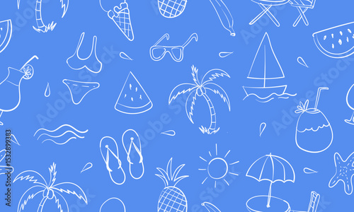 Blue Beach Line Art Seamless Pattern