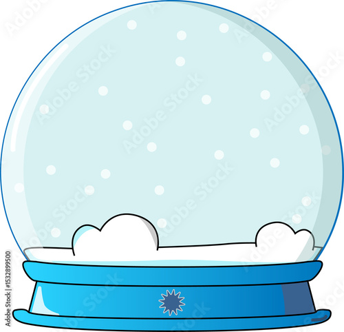 Flat snow globe is showing clear glass dome with snow drifts on blue base, transparent background