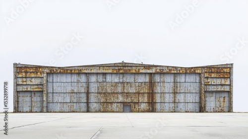 Rusty aircraft hangar standing quietly in an empty airfield during a foggy day