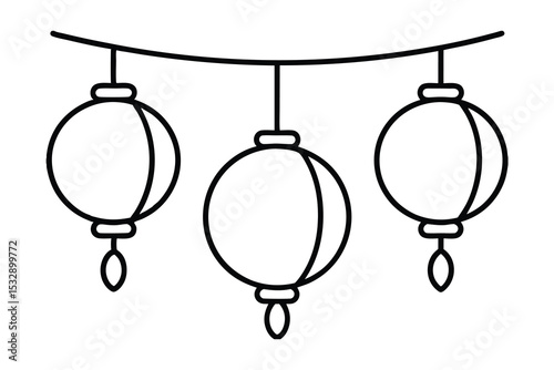 Three hanging paper lanterns line-art illustration