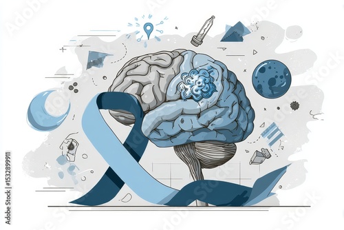 Abstract brain illustration with blue ribbon and geometric shapes  
