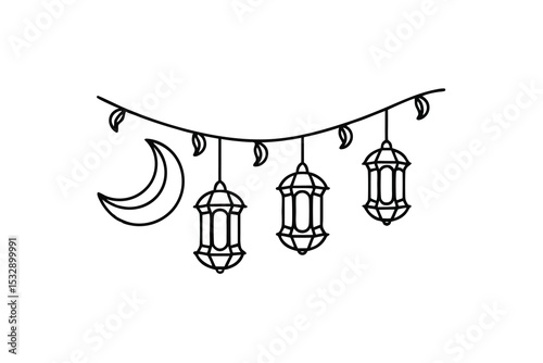 Ramadan kareem crescent moon lanterns line art design