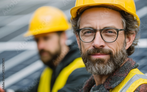 Hard Hat Harmony: Two construction workers, focused and confident, clad in yellow hard hats and safety vests. They radiate a sense of expertise and dedication in their workplace.