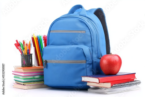 Blue backpack with books, apple, and school supplies on table  
