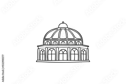 Elegant line-art drawing of a domed building with windows