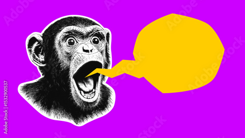 Modern illustration of a cute surprised monkey with an empty speech bubble, Funny expressive monkey on a vibrant purple background, Cartoon collage element with bold colors and retro vibe