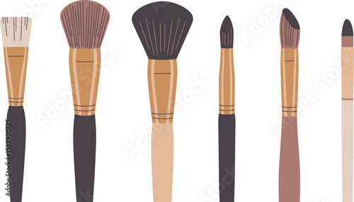 Makeup brushes set professional cosmetic brush kit beauty tools for face eyes lips blending contouring editable stock vector illustration