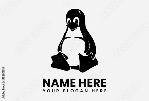 Cheerful sitting penguin silhouette vector logo in black and white with oversized eyes and welcoming expression