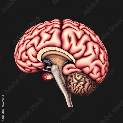 Human brain showing cerebellum and other parts with detailed illustration.