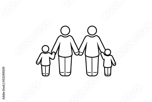 Gay couple family line-art illustration two children holding hands