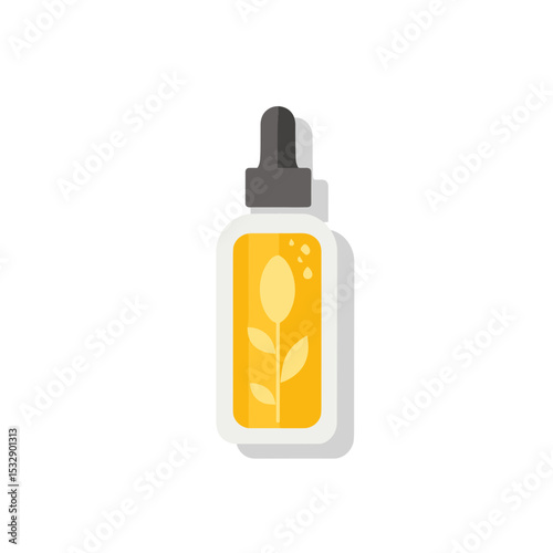 Essential oil bottle with plant design on white background, vibrant colors, minimalistic style.