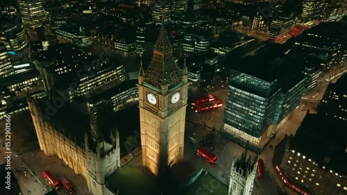 Aerial View of London: Iconic Big Ben at Night with Buses and City Lights