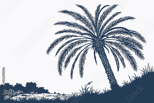Single palm tree silhouette in desert landscape