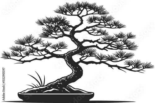 Black and white bonsai tree illustration