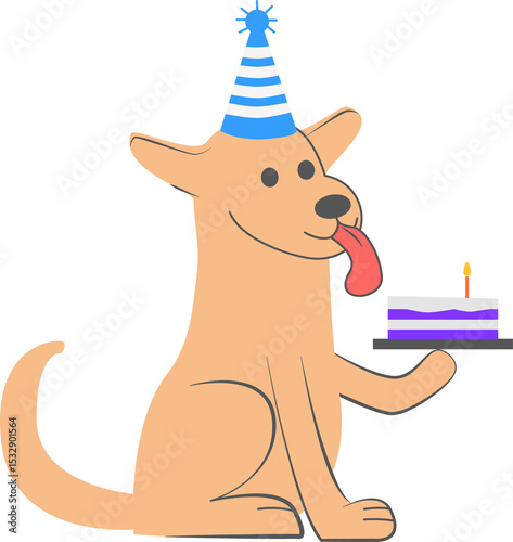 Cartoon dog is holding cake with candle and wearing striped party hat, transparent background