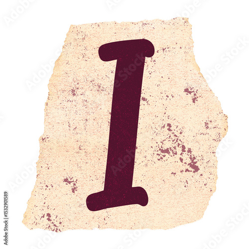Flat design maroon letter I is resting on torn beige paper with speckles on transparent background