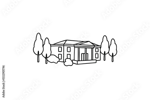 Elegant line-art drawing of a classic house with trees