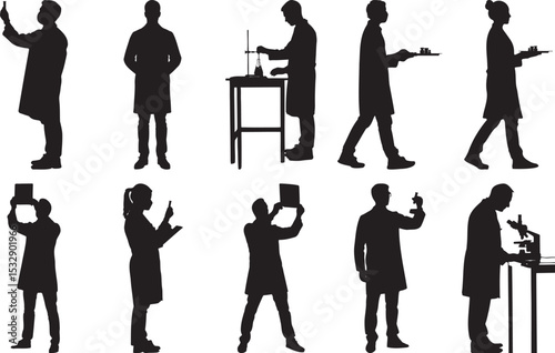 Diverse Scientists Silhouettes Researching in Lab Coats Conducting Experiments and Analyzing Samples