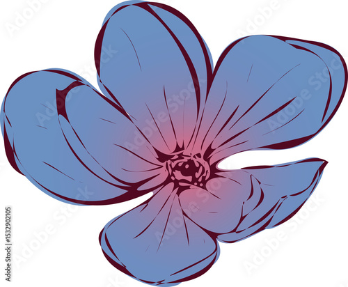 Vector five-petal flower is floating on transparent background, showing gradient petals and stamen