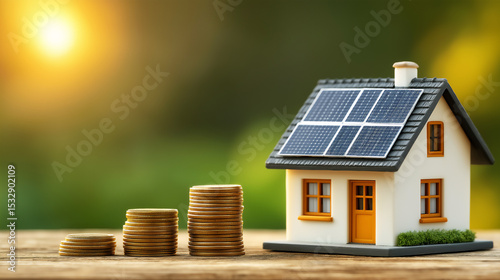 Small model house with solar panels on roof, stack of coins on wood table, savings with sustainable energy concept