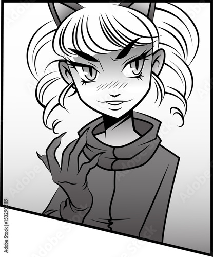 Fototapeta Naklejka Na Ścianę i Meble -  Stylized cat-like heroine is posing in mono cartoon, scarf and clawed glove on transparent backdrop