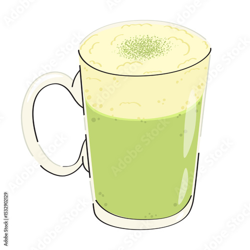 Matcha latte in a clear glass cup isolated on white background