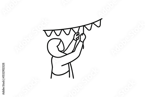 Woman in hijab hanging party bunting line art illustration