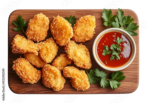 Delicious Fried Chicken Nuggets with Red Sauce and Green Herbs