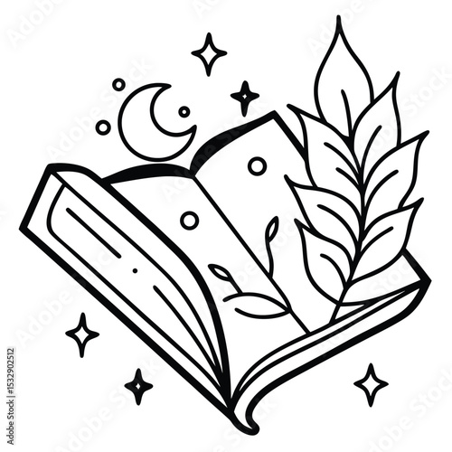 Whimsical Open Book with Celestial and Botanical Elements: A Black and White Illustration Evoking Magic, Knowledge, and the Beauty of Nature's Embrace for Storytelling and Creative Projects