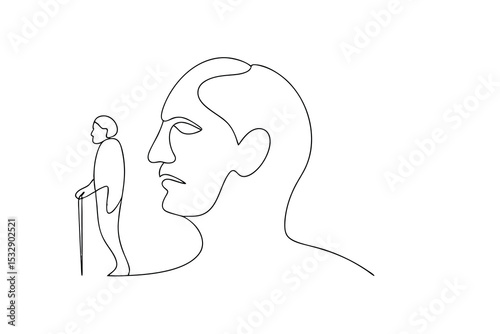 Elderly Man, Walking Stick, Memory, Reflection, Aging, Thoughtful, Face, Line Art, Single Line