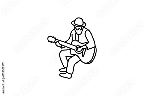 Elderly man playing acoustic guitar line-art illustration