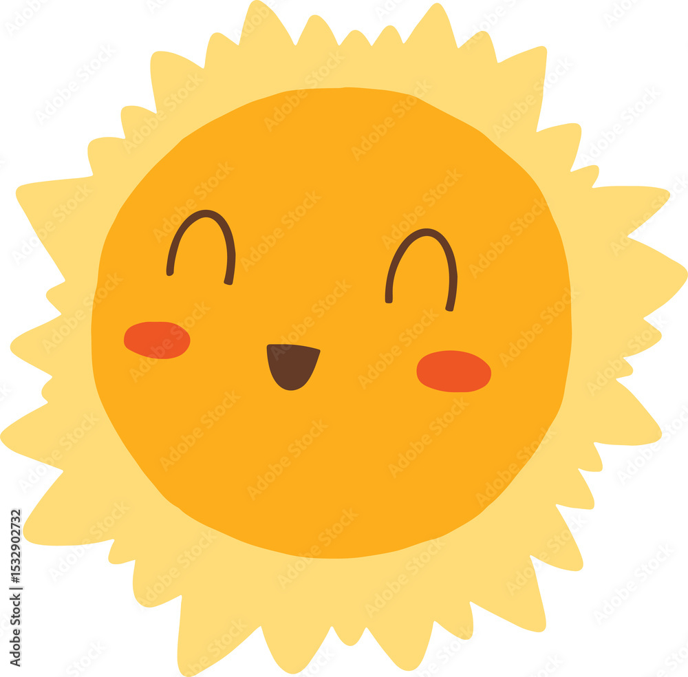 Cartoon sun icon is smiling with blush spots and jagged rays, transparent background, copy space Cartoon sun icon is smiling with blush spots and jagged rays, transparent background, copy space