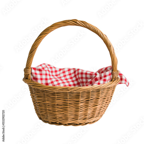 Empty wicker basket with red gingham cloth