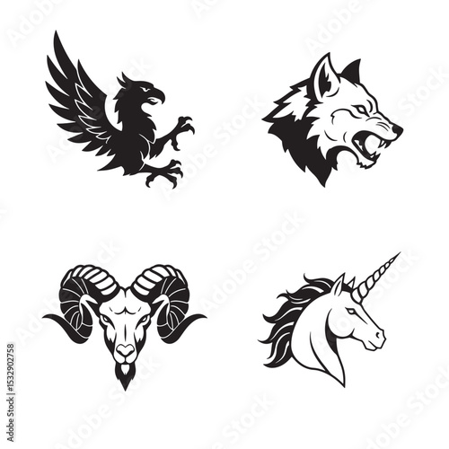 Black silhouette graphic set of mythological animals and creatures for design and illustration projects