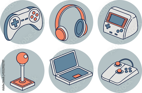 Collection of illustrated gaming elements set on blue grey circle backgrounds
