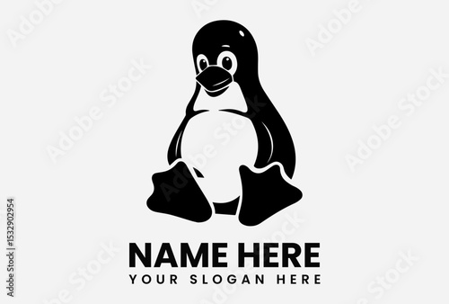 Cheerful sitting penguin silhouette vector logo in black and white with oversized eyes and welcoming expression