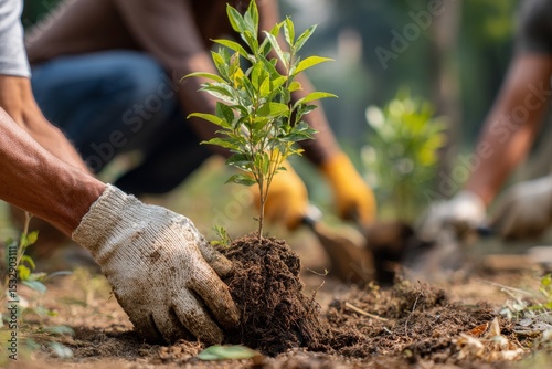 People planting young trees in soil during community gardening event  