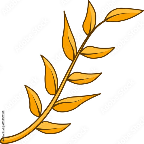 Illustrating golden branch flat on transparent background, with curving stem and elongated leaves