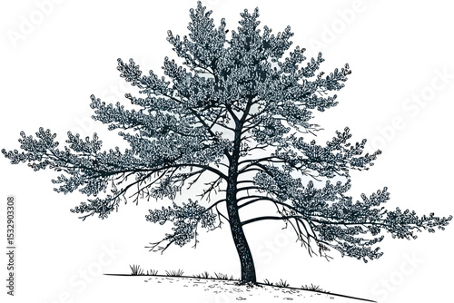 Detailed ink drawing of a single pine tree
