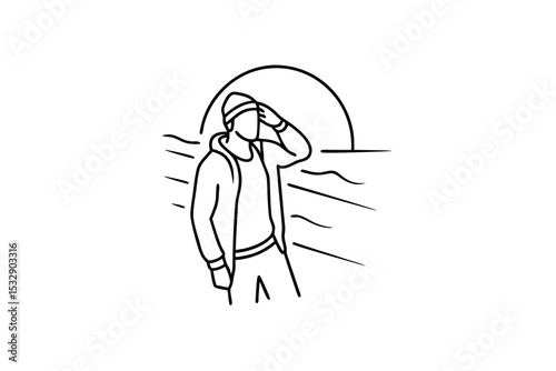 Stylish man line-art illustration seascape background