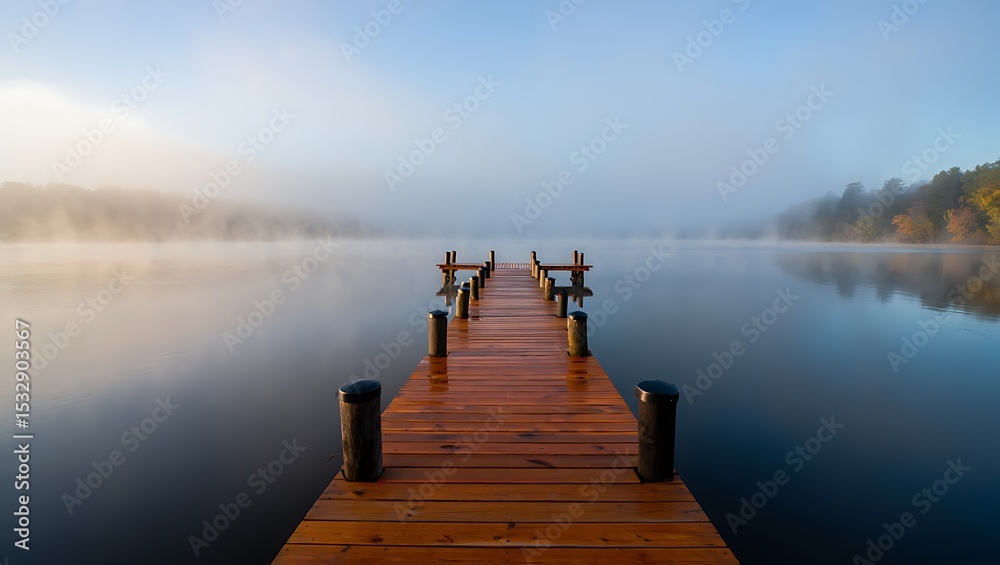 Obraz premium Serene Sunrise Misty Lake Dock, Peaceful Morning, Tranquil Waterscape