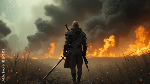 A Warrior Stands Before a Field of Fire and Smoke, A Scene of Post-Apocalyptic Survival
