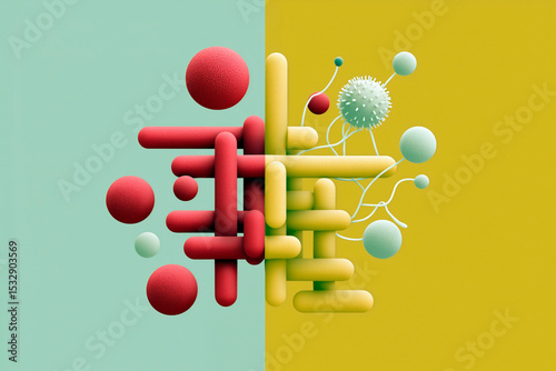 Abstract 3D composition of red, yellow, and mint geometric shapes with virus-like elements on split background