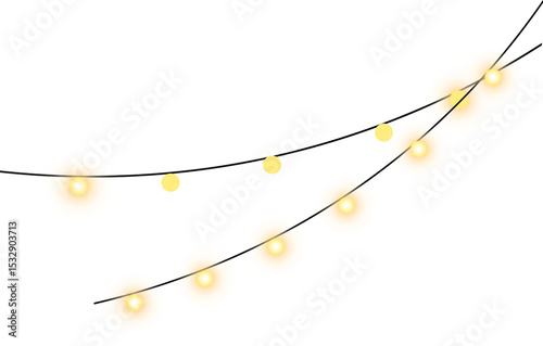 Showing string lights crossing black cords, warm yellow bulbs emitting glow on transparent backdrop