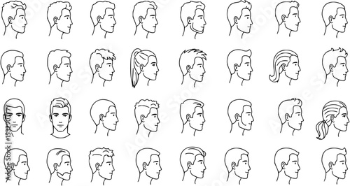 Transparent PNG available
man woman profile line art head, hairstyle, men, women outline collection, variety line art. features 27 unique hairstyles, male and female head silhouettes, showcasing vario