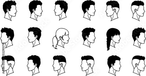 Transparent PNG available
man woman profile line art head, hairstyle, men, women outline collection, variety line art. features 27 unique hairstyles, male and female head silhouettes, showcasing vario