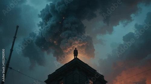 A Person Standing on a Building Roof Overlooking a Dramatic Sky with Clouds
