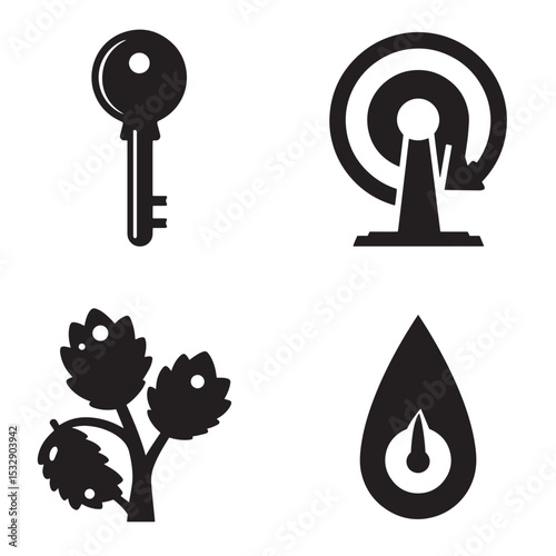 Collection of black silhouette vector icons representing key antenna branch and drop symbols