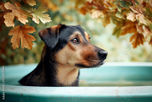 Dog relaxing in a turquoise tub surrounded by autumn leaves on a calm fall day
