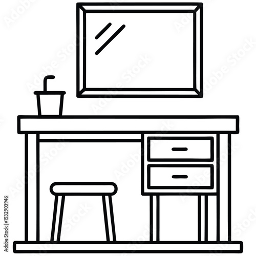 vanity table, mirror, stool, furniture, interior design, line art, illustration, minimalist design, modern---Adobe Illustrator Artwork